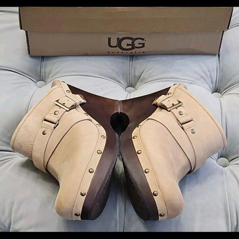UGG Natalee Beige Leather Buckle Slip On Studded Platform Mules Womens Shoes 11 - Picture 3 of 15